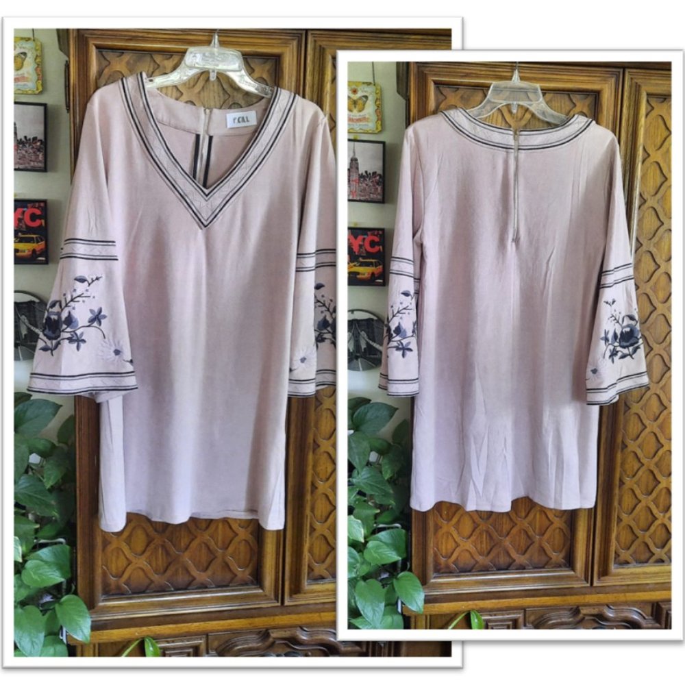 P. Cill Faux Suede Embroided Bell Sleeve Boho Dress - Blush, Size S